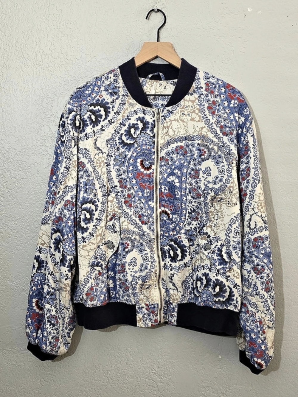 Free People Daytrip Paisley Print Bomber Jacket Floral Blue & Cream Women Large
